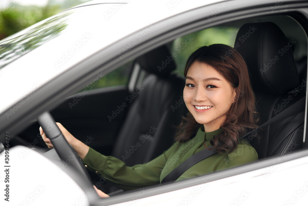 Beautiful woman sitting at the wheel of a car