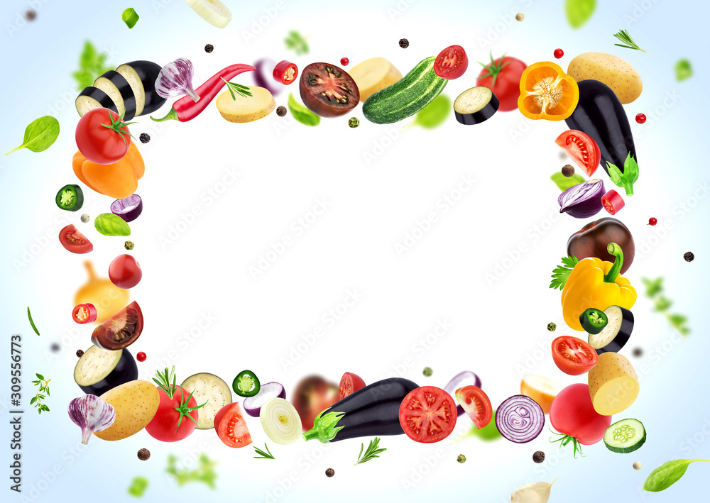 Vegetable isolated on white background, frame made of different flying vegetables, herbs and spices,