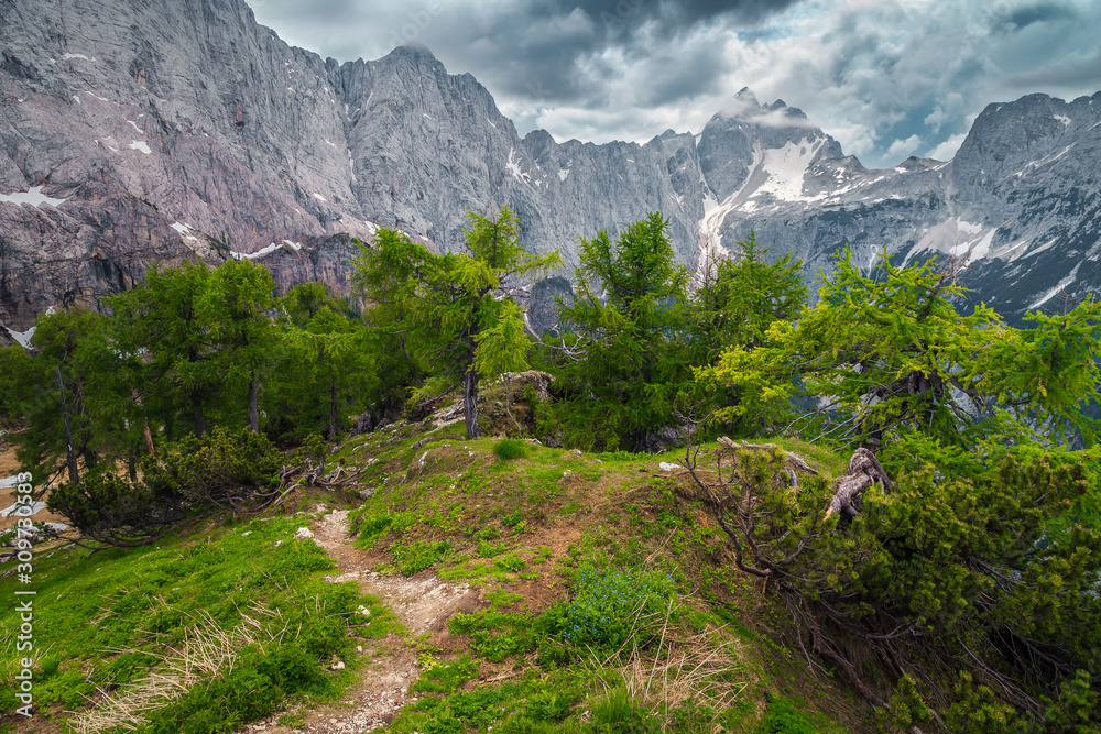 Stunning mountain landscape with hiking trail in Julian Alps, Slovenia