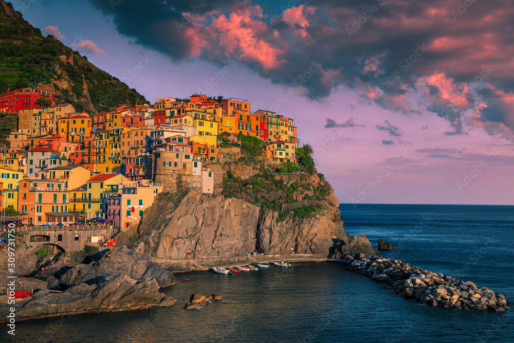 Gorgeous Manarola touristic resort at sunset, Cinque Terre, Liguria, Italy