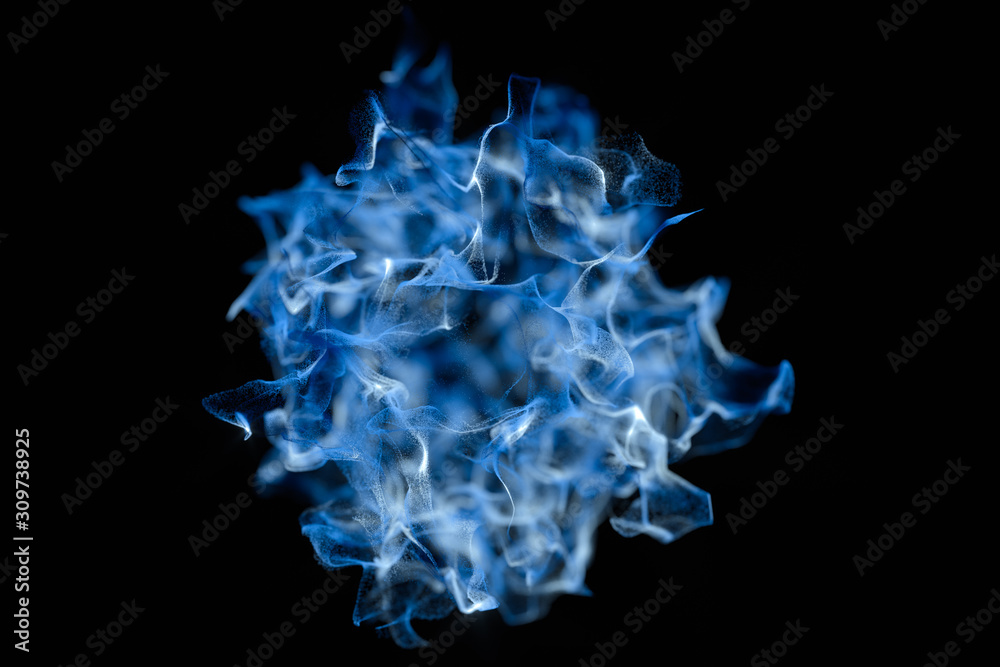 Particles moving on black background, 3d rendering.