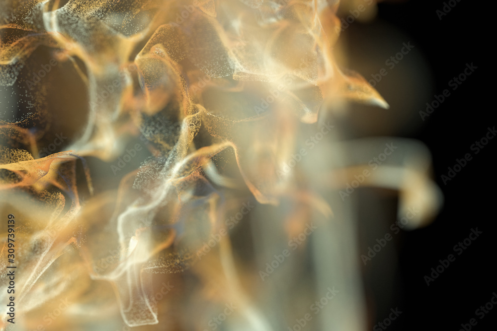 Particles moving on black background, 3d rendering.