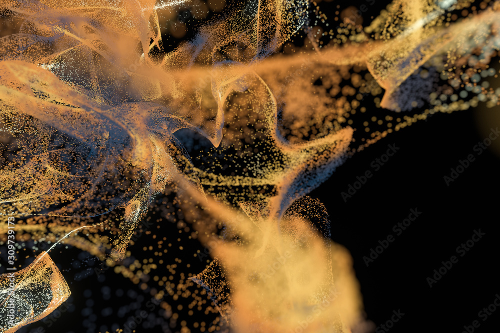 Particles moving on black background, 3d rendering.