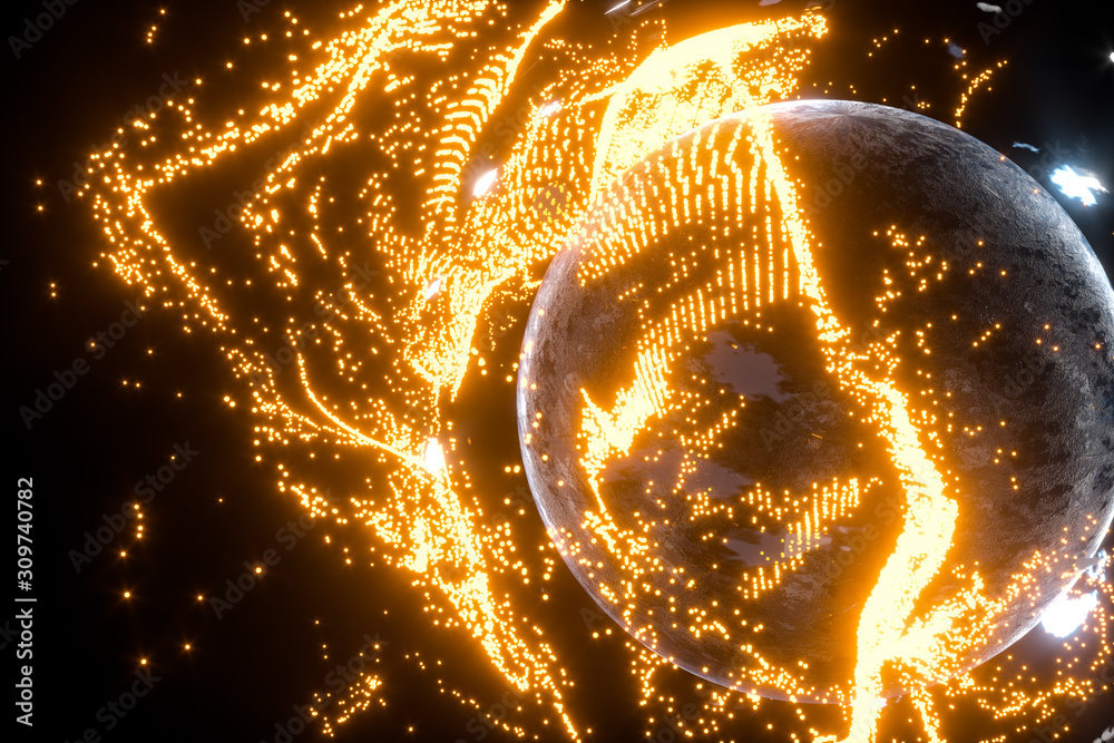 Glowing particles surrounding around the planet, 3d rendering.