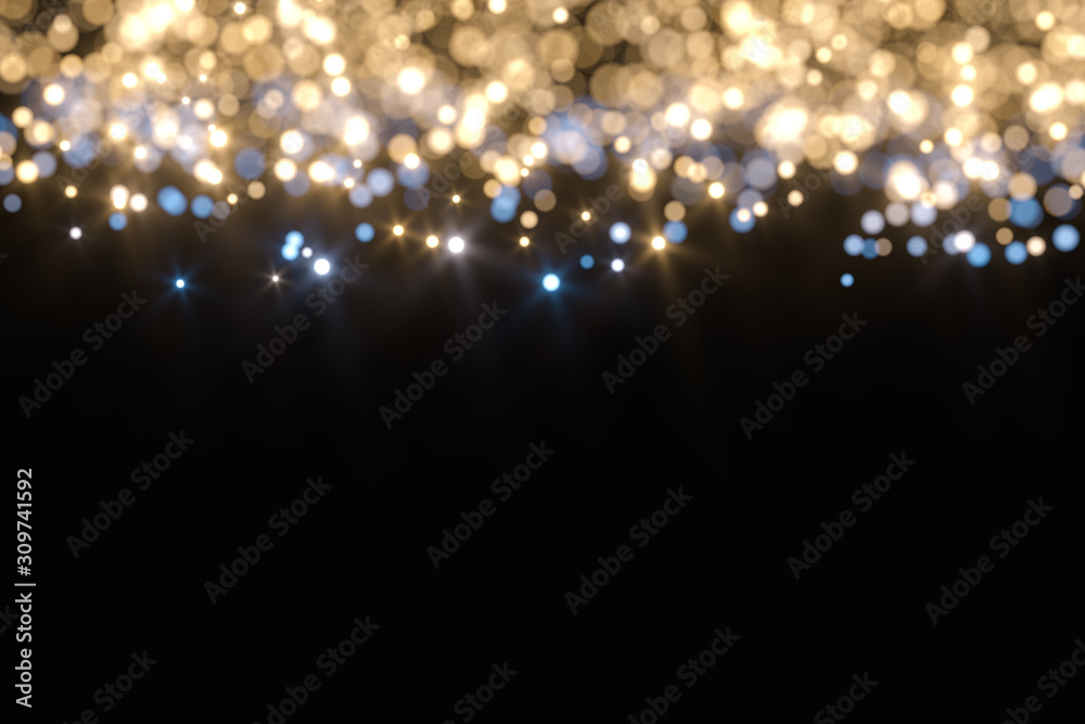 Floating specks of light on black background, 3d rendering.