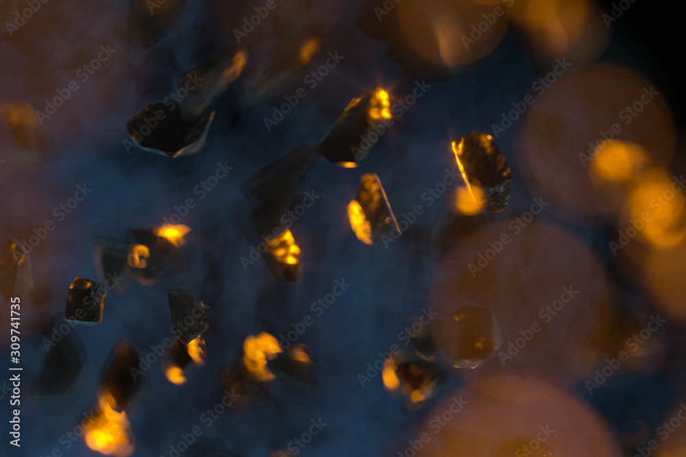 Broken gravels floating on black background, 3d rendering.