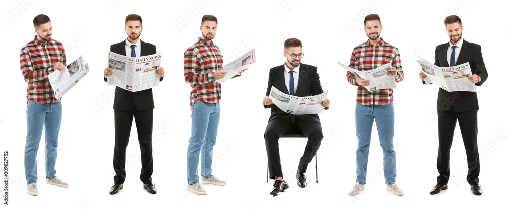 Collage of handsome man with newspapers on white background