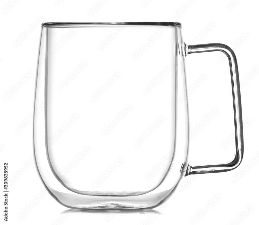 Glass cup on white background