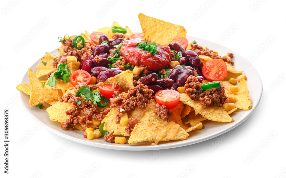 Plate with tasty chili con carne and nachos on white background