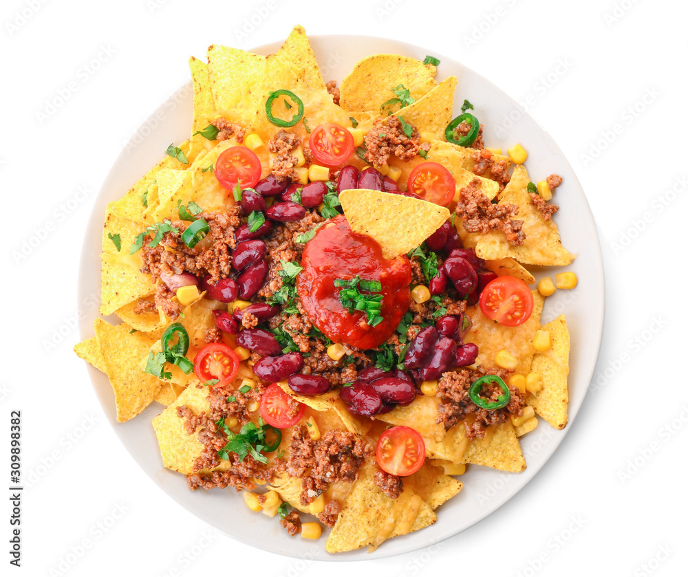 Plate with tasty chili con carne and nachos on white background