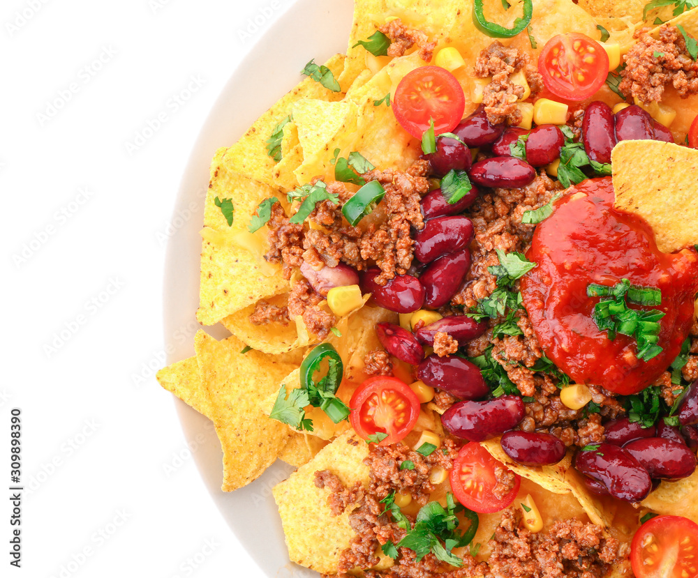 Plate with tasty chili con carne and nachos on white background