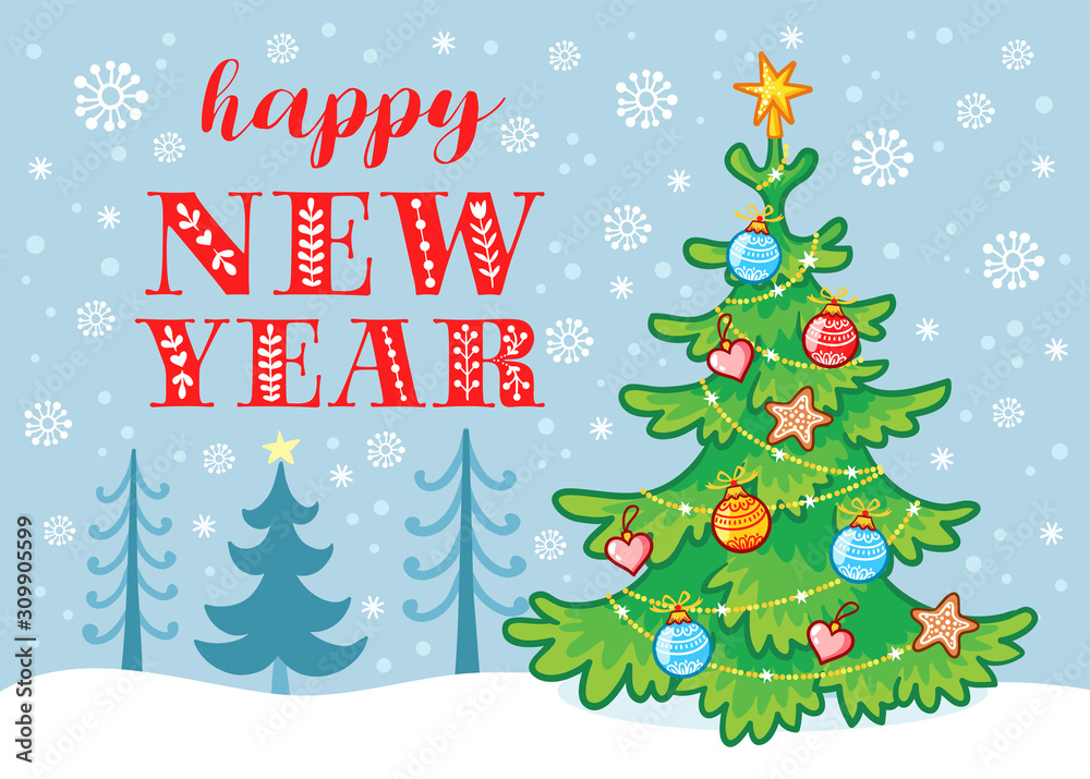 Winter illustration in cartoon style on the theme of the new year. Christmas vector card.