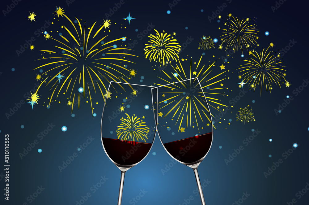 Background with two glasses of champagne and fireworks