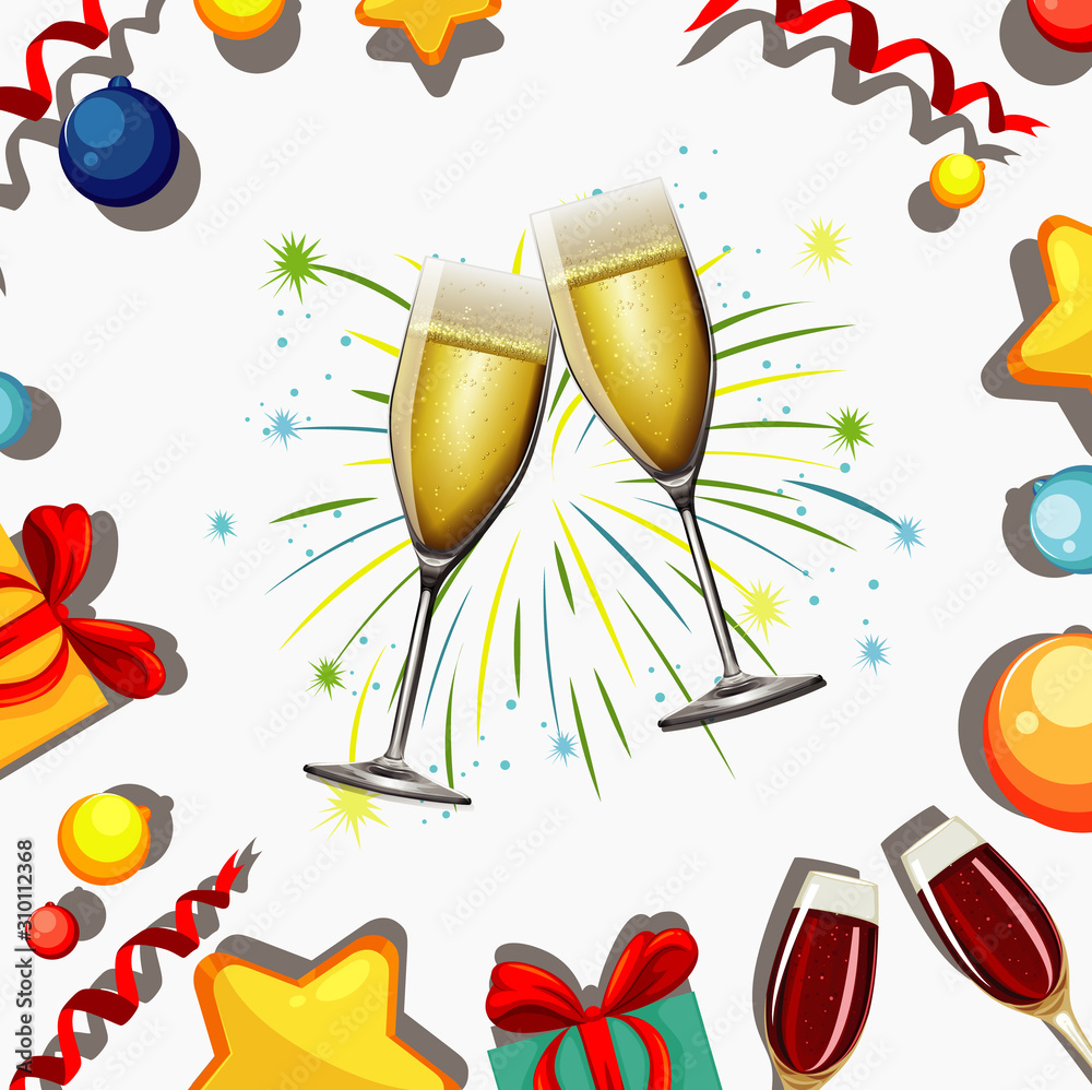 Background with two glasses of champagne and fireworks