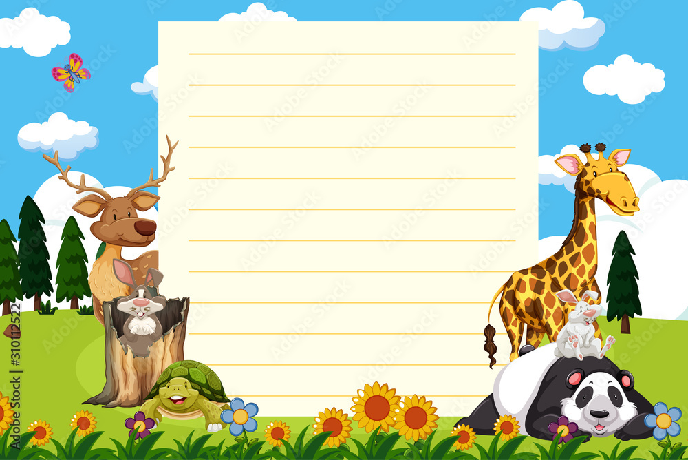 Paper template with many animals in garden