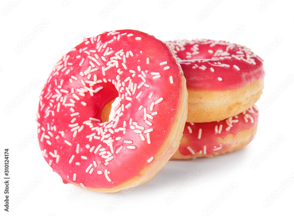 Sweet tasty donuts on white background