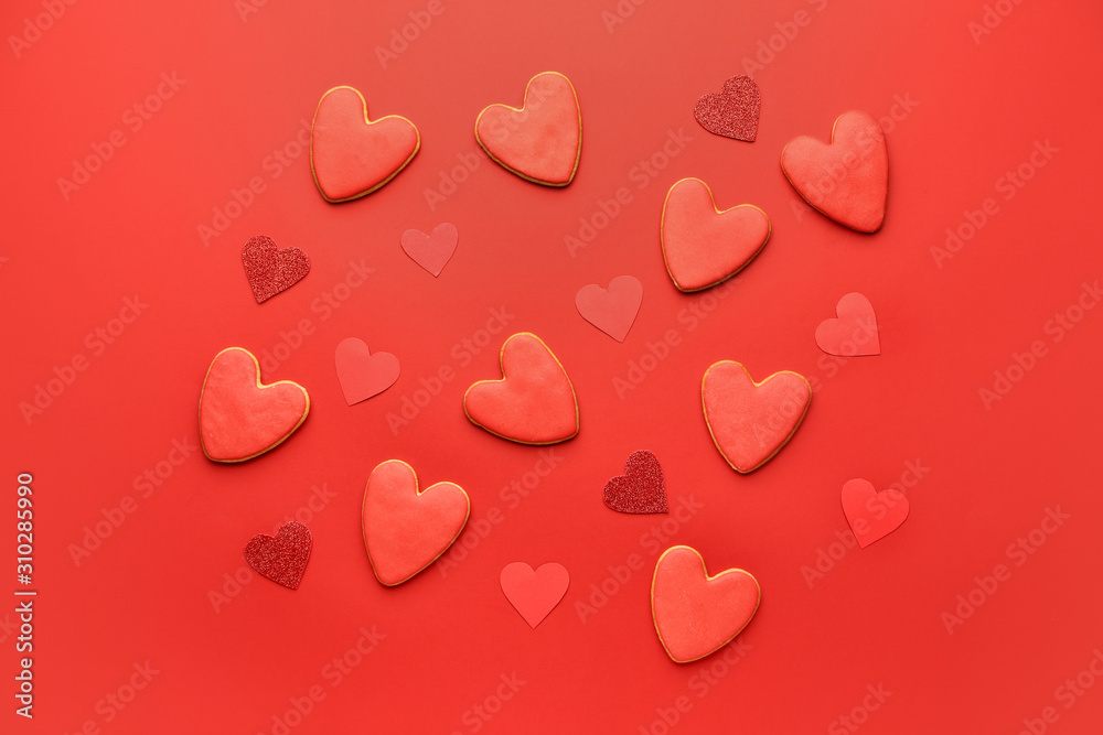 Heart shaped cookies for Valentines day on color background