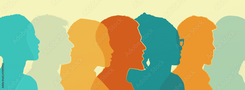 Diverse colored silhouettes of people looking in one direction