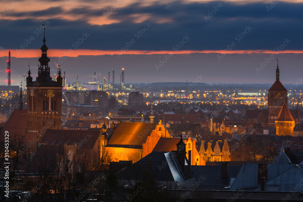 Beautiful cityscape of Gdansk with old town at dawn, Poland.