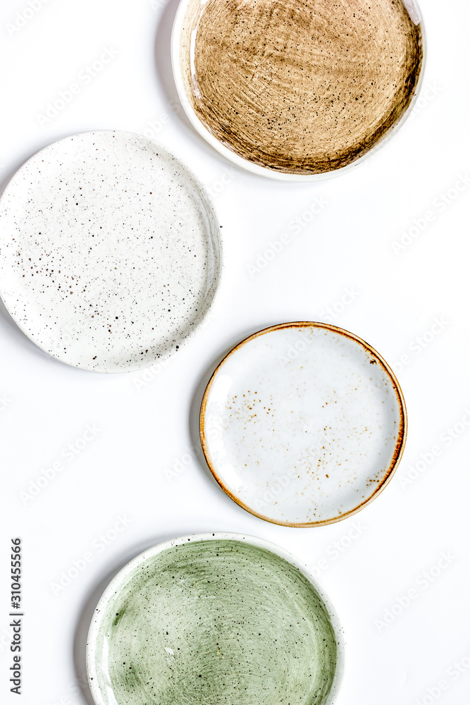 ceramic tableware top view on white background mock up