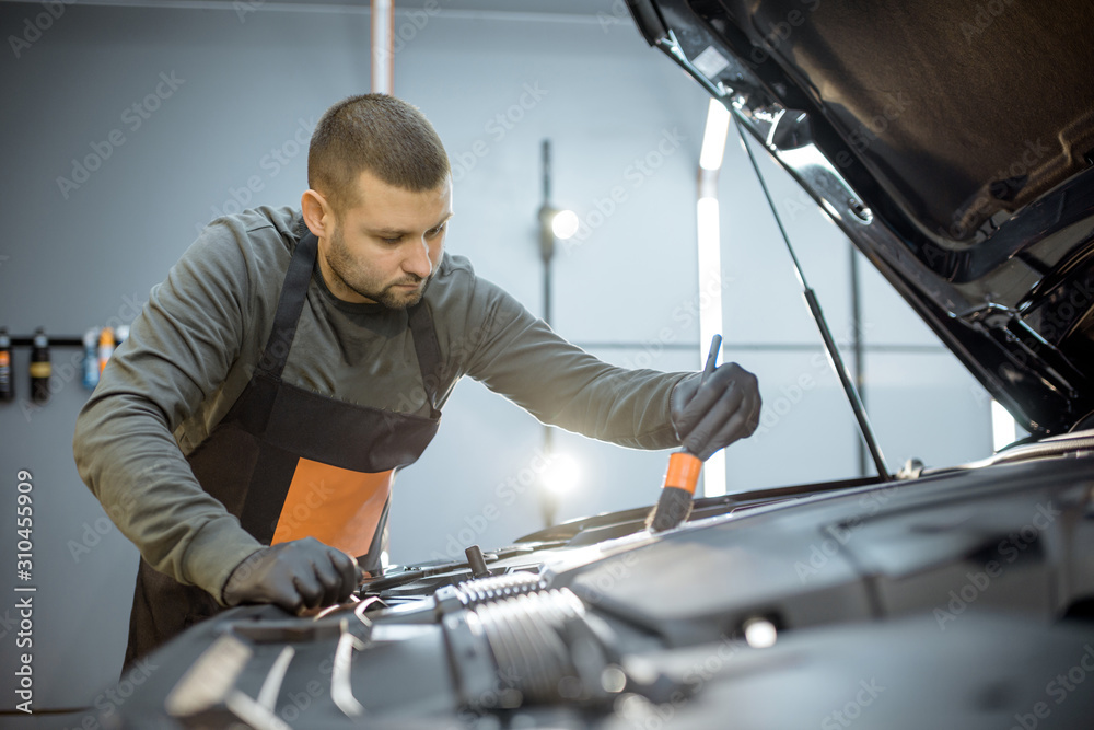 Man performs a professional car cleaning, washing engine with brush and detergent at the service sta