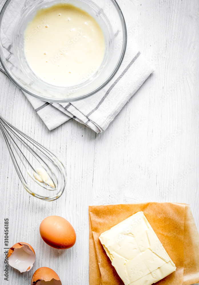 cooking pancake on white background top view ingredients for making