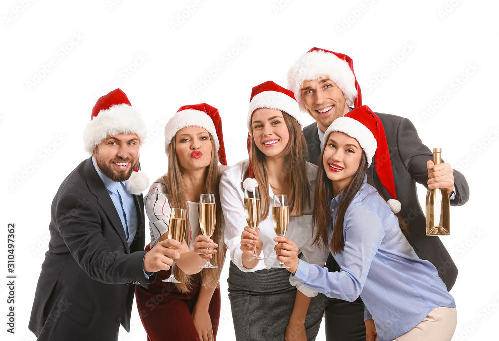 Friends celebrating New Year on white background