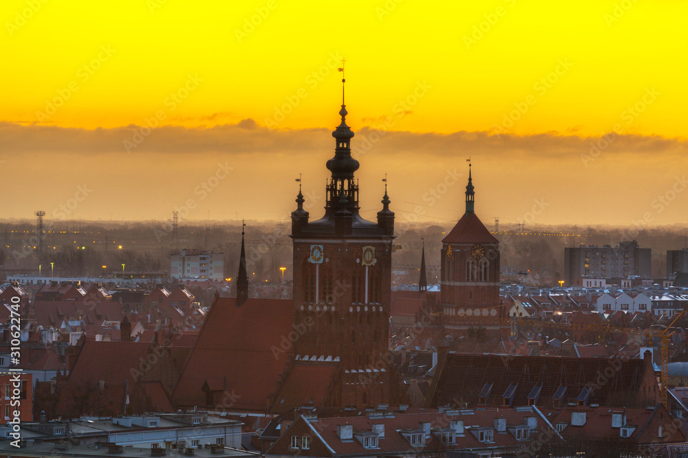 Beautiful cityscape of Gdansk with old town at sunrise, Poland.