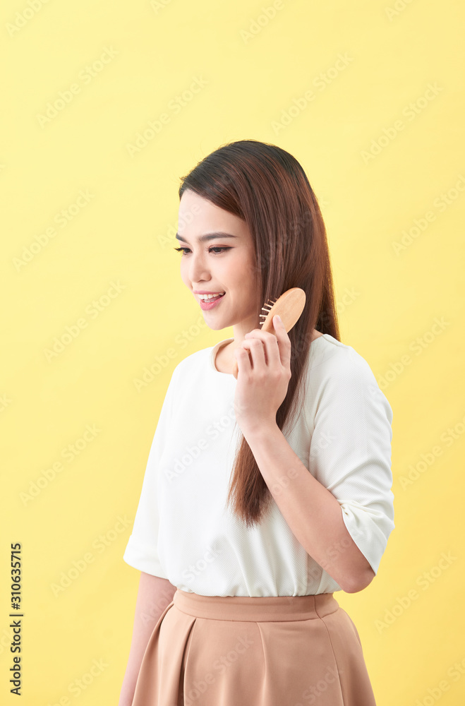 Concept of healthy good hair. Pretty beautiful charming woman with beaming smile