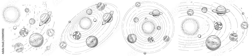 绘制太阳系。手绘行星轨道，行星和地球轨道矢量插图集。A