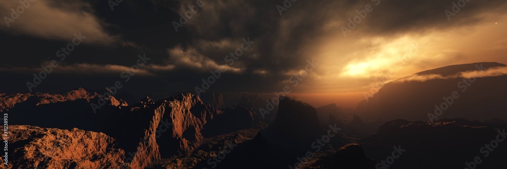 日落时的火山山全景，外星景观，3D渲染。