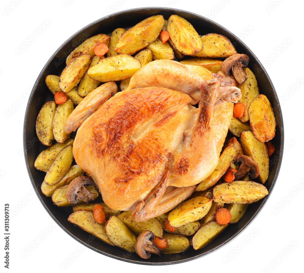 Dish with baked chicken and potato on white background