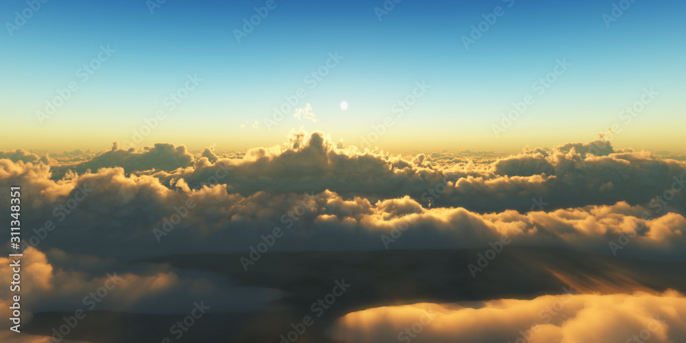 Beautiful aerial view above clouds with sunset. 3d illustration