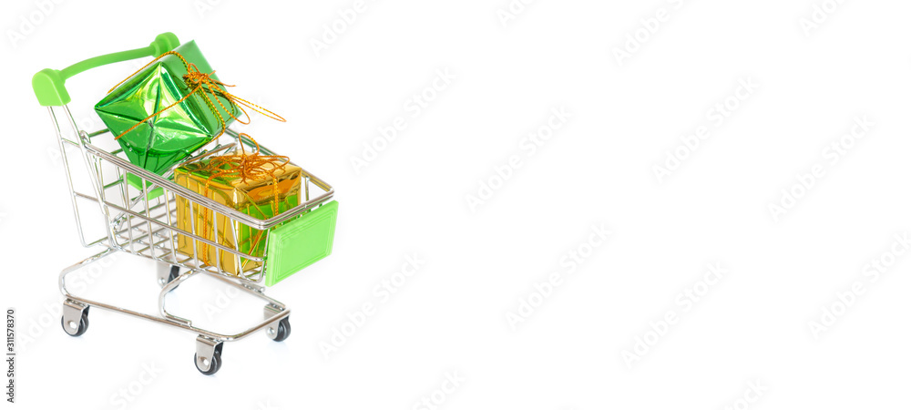 Cart of small Christmas gift boxes on white background, shopping selling market in holiday season co