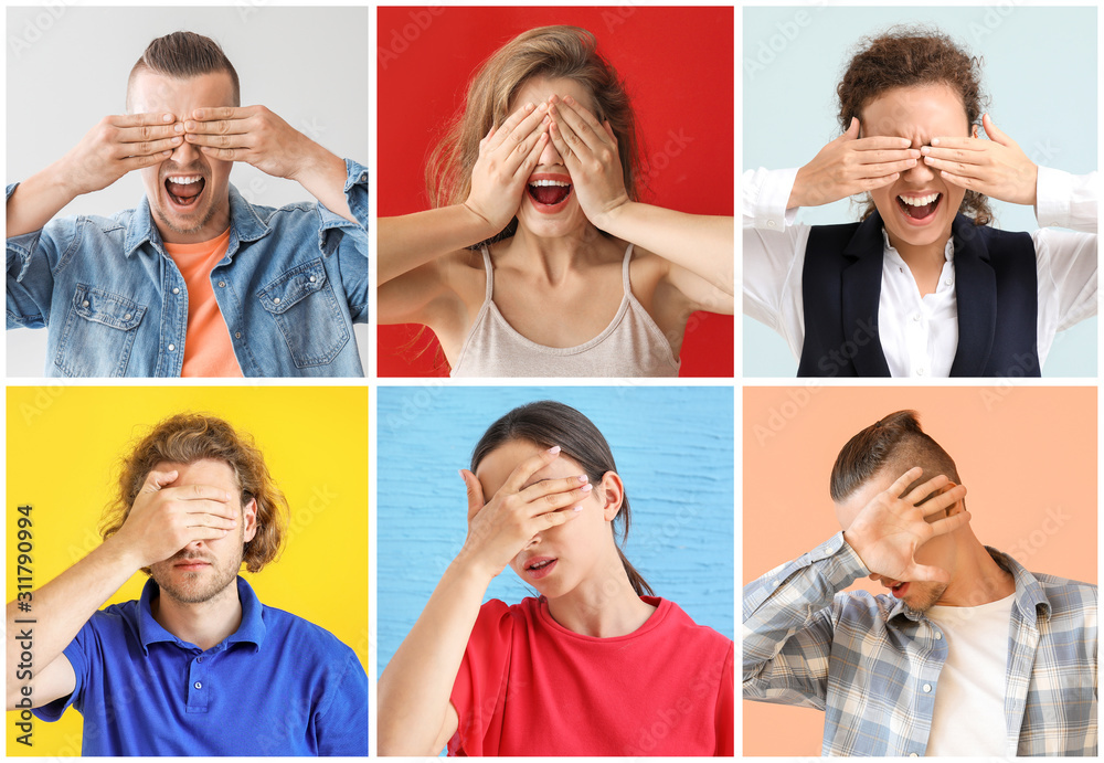 Collage of photos with different blind people covering their eyes