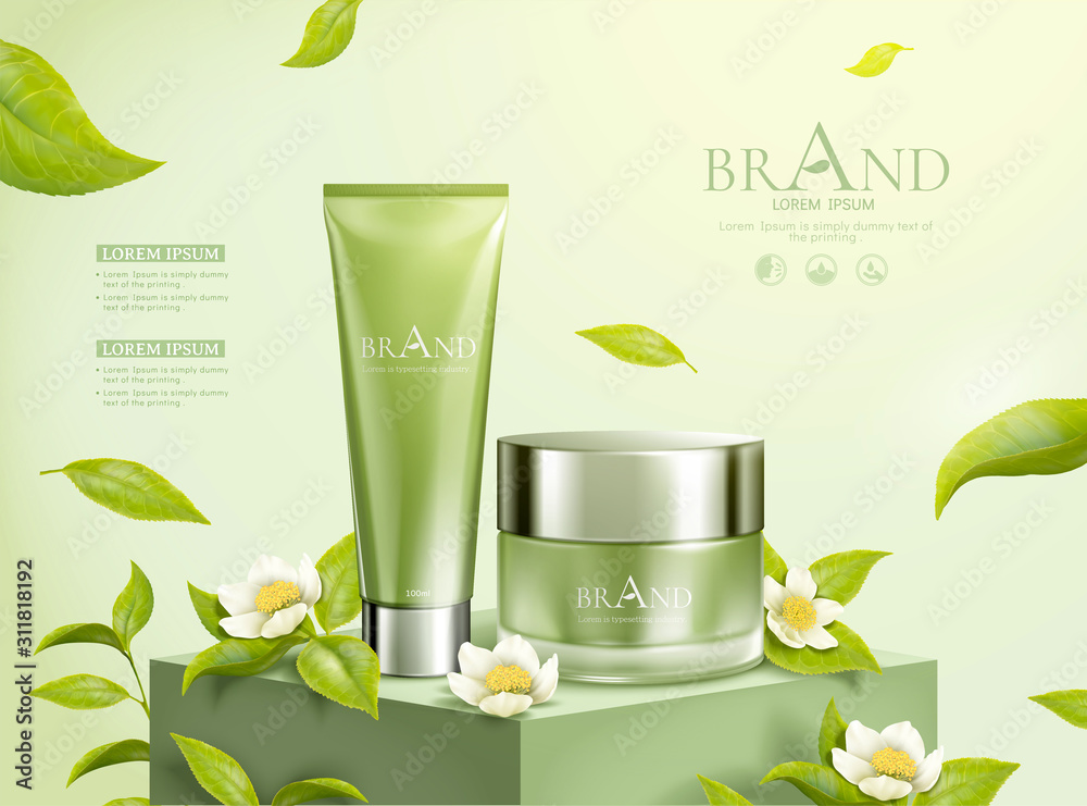 Green tea leaves cosmetic ads