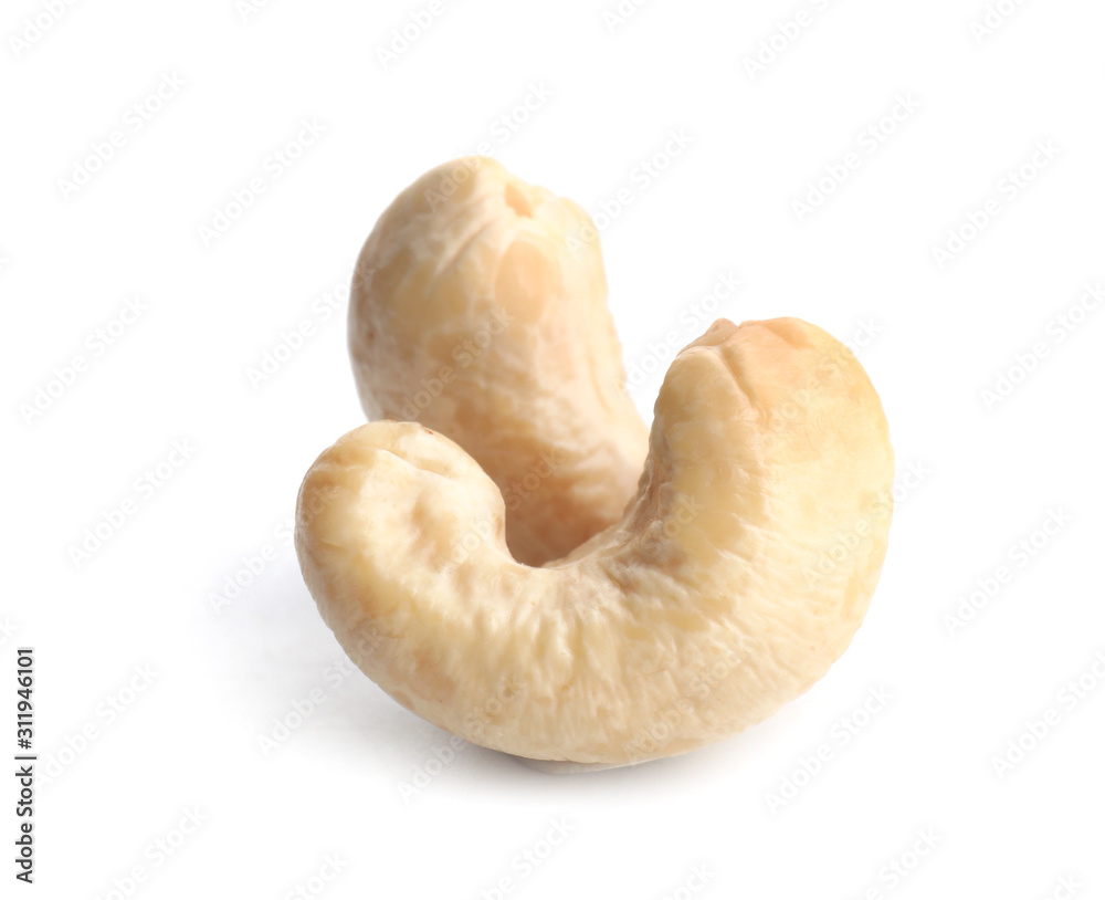 Tasty cashew nuts on white background