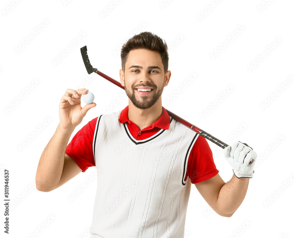 Handsome male golfer on white background