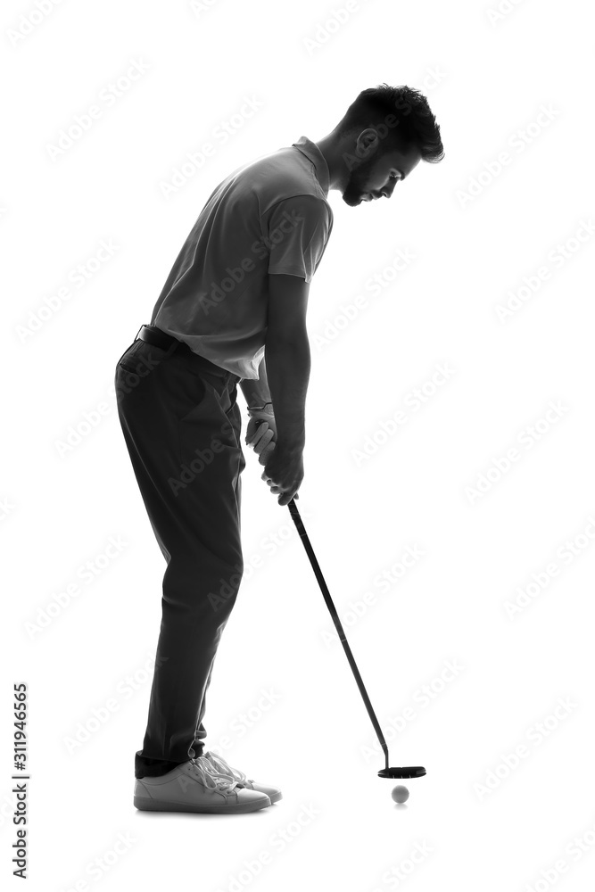 Silhouette of handsome male golfer on white background