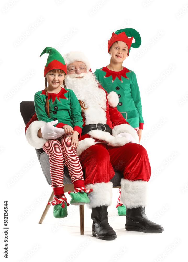 Santa Claus and little elf kids on white background