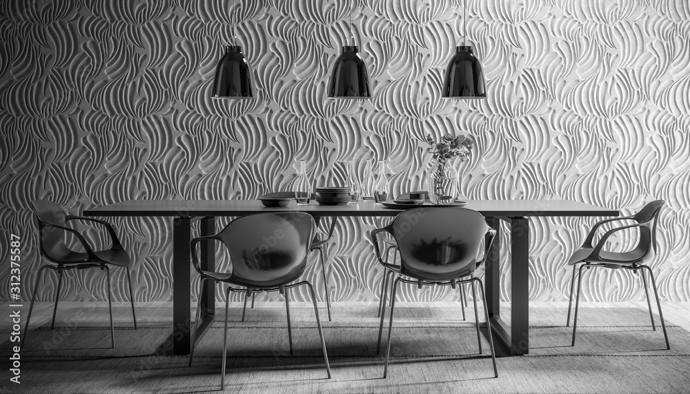 Dining Room with Modern Nope Chair Set (B&W) - 3d visualization