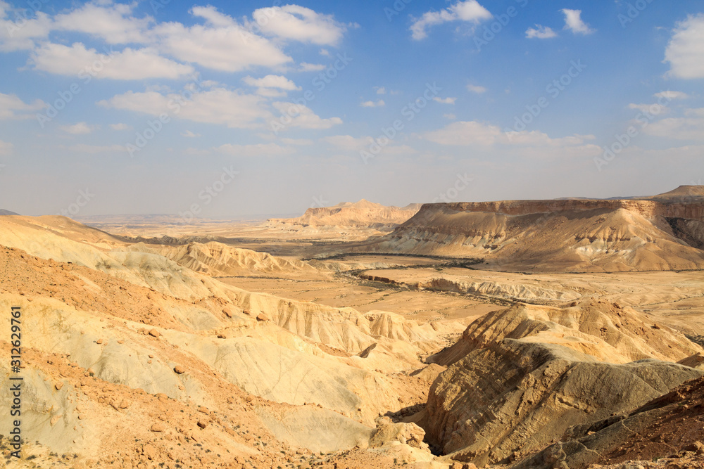 以色列Nahal Zin峡谷和悬崖的内盖夫沙漠山脉全景