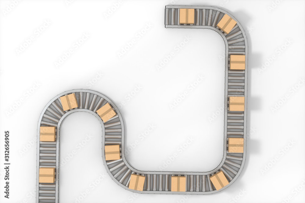 箱子在传送带上移动，三维渲染。