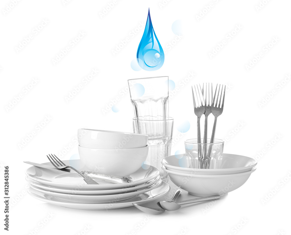 Set of clean dishes on white background