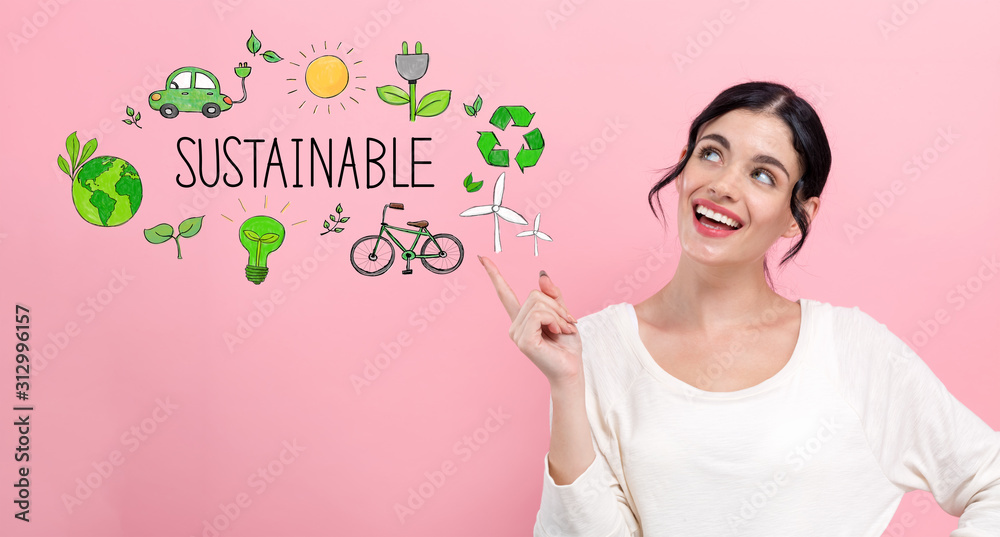 Sustainable concept with happy young woman pointing