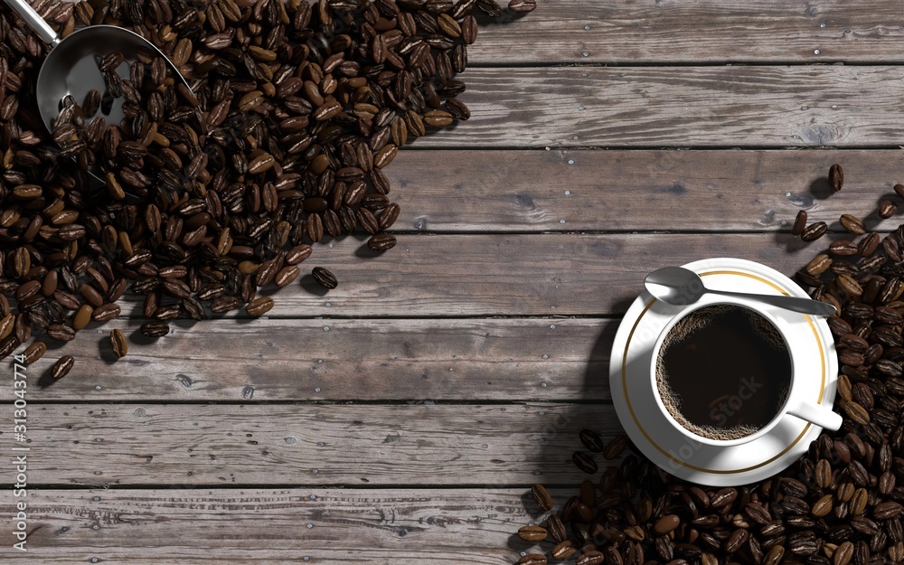 Top view of cup of coffee and coffee beans over the vintage wood background. 3d rendering.