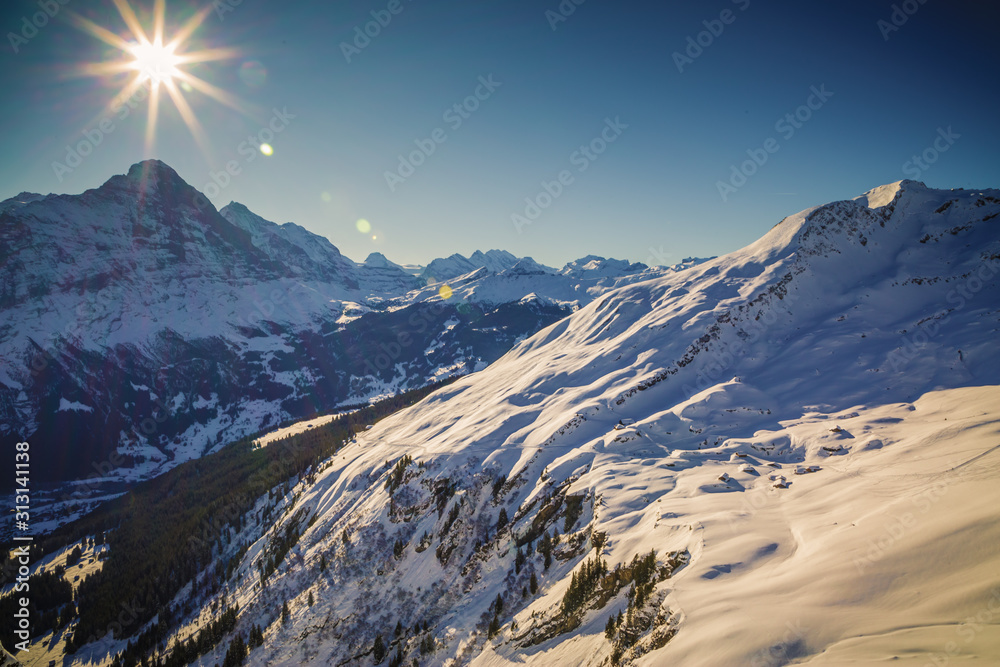 Natural scenery, snow on the high mountains in the cold winter of GRINDELWALD-FIRST TOP OF ADVENTURE