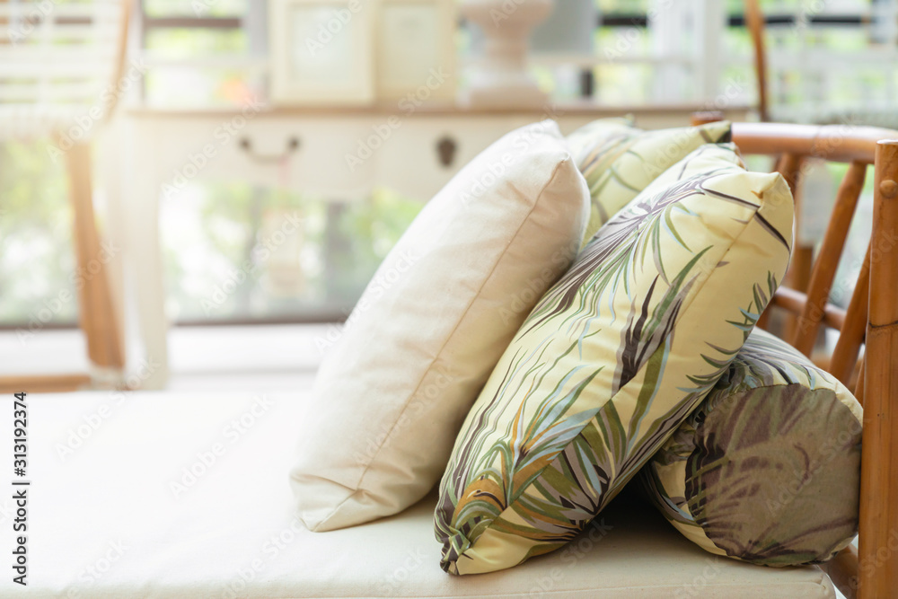 close up white beige soft pillows on bed and blanket bedroom interior design concept.bed maid luxury