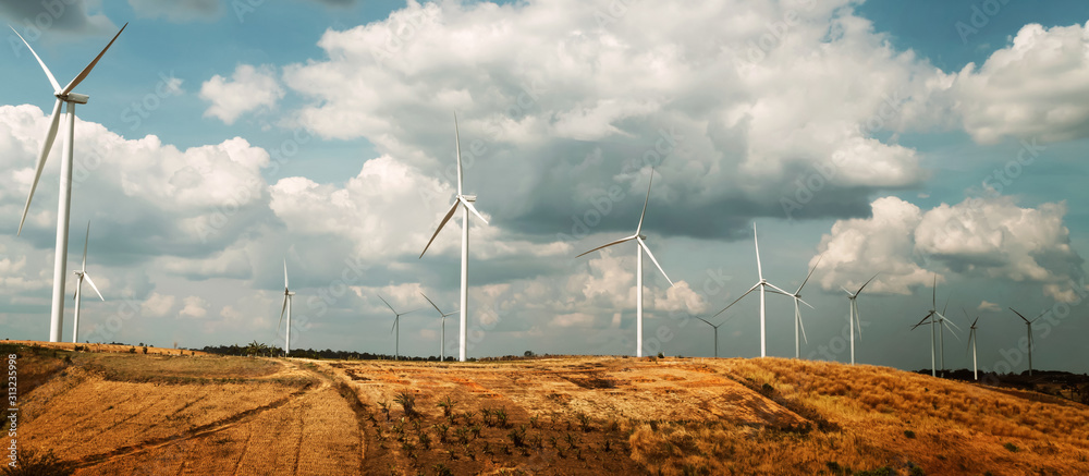 panorama wind turbine on hill. energy power in nature. eco concept