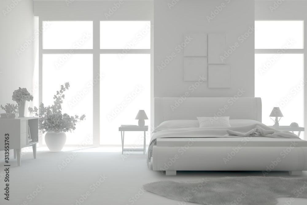 Modern bedroom in white color. Scandinavian interior design. 3D illustration